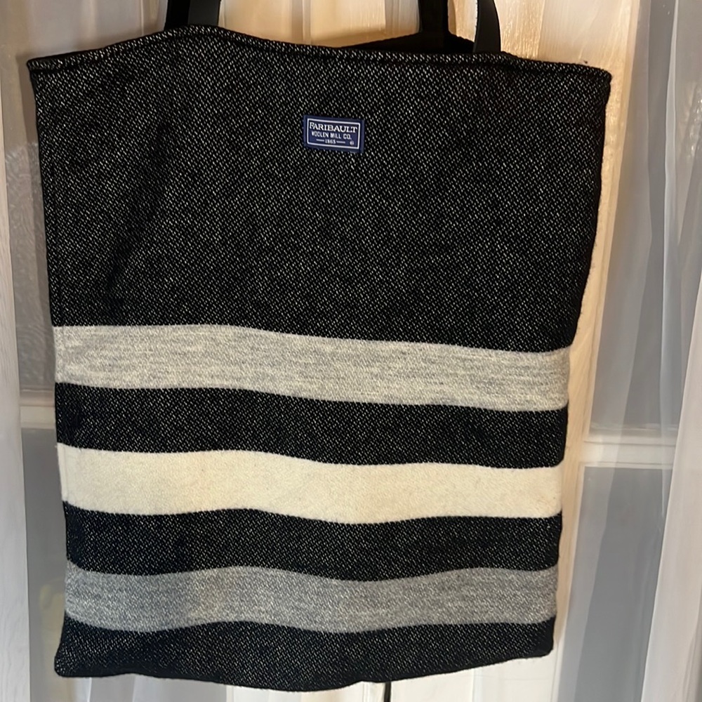Faribault Wool Stripe Tote Bag Women’s 16.5” H X 14.5” W With Leather Handles